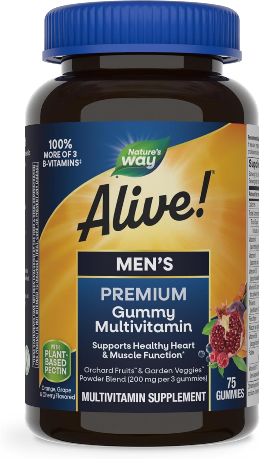 Nature's Way Alive! Men's Premium Gummy Multivitamin with Full B-Vitamin Complex - 75 Gummies, Supports Heart & Muscle Health, Orange, Grape, and Cherry Flavored