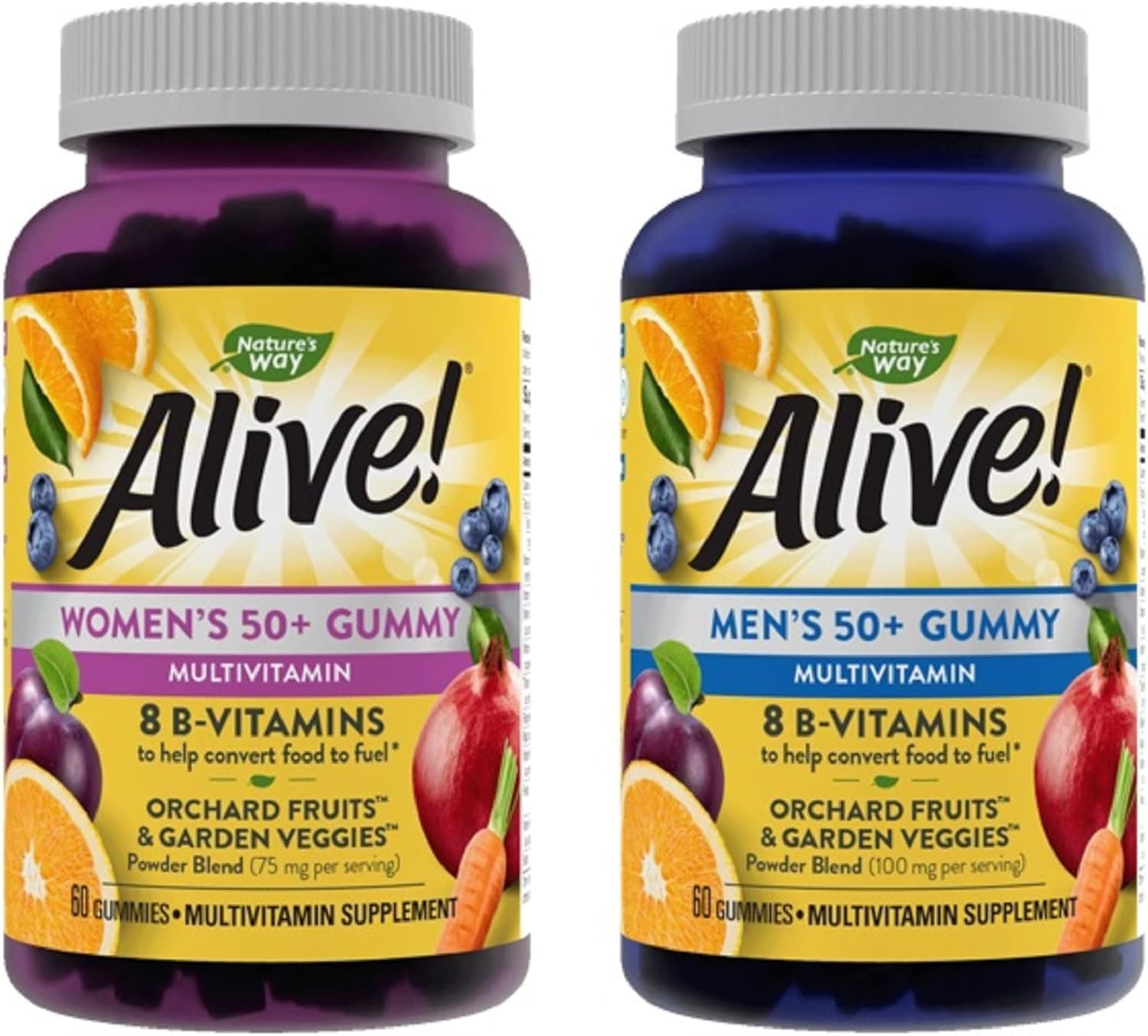 Nature's Way Alive! Women’s and Men’s 50+ Gummy Multivitamins with B-Vitamins, 60 Gummies, Delicious Flavors