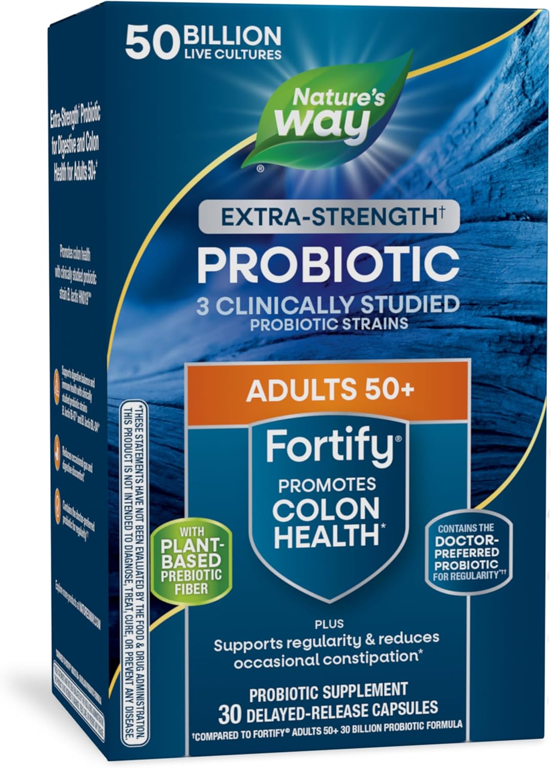Nature’s Way Fortify Extra Strength Probiotic for Adults 50+, 50 Billion Live Cultures, 11 Strains, Prebiotics, Digestive & Immune Support, Colon Health, 30 Capsules
