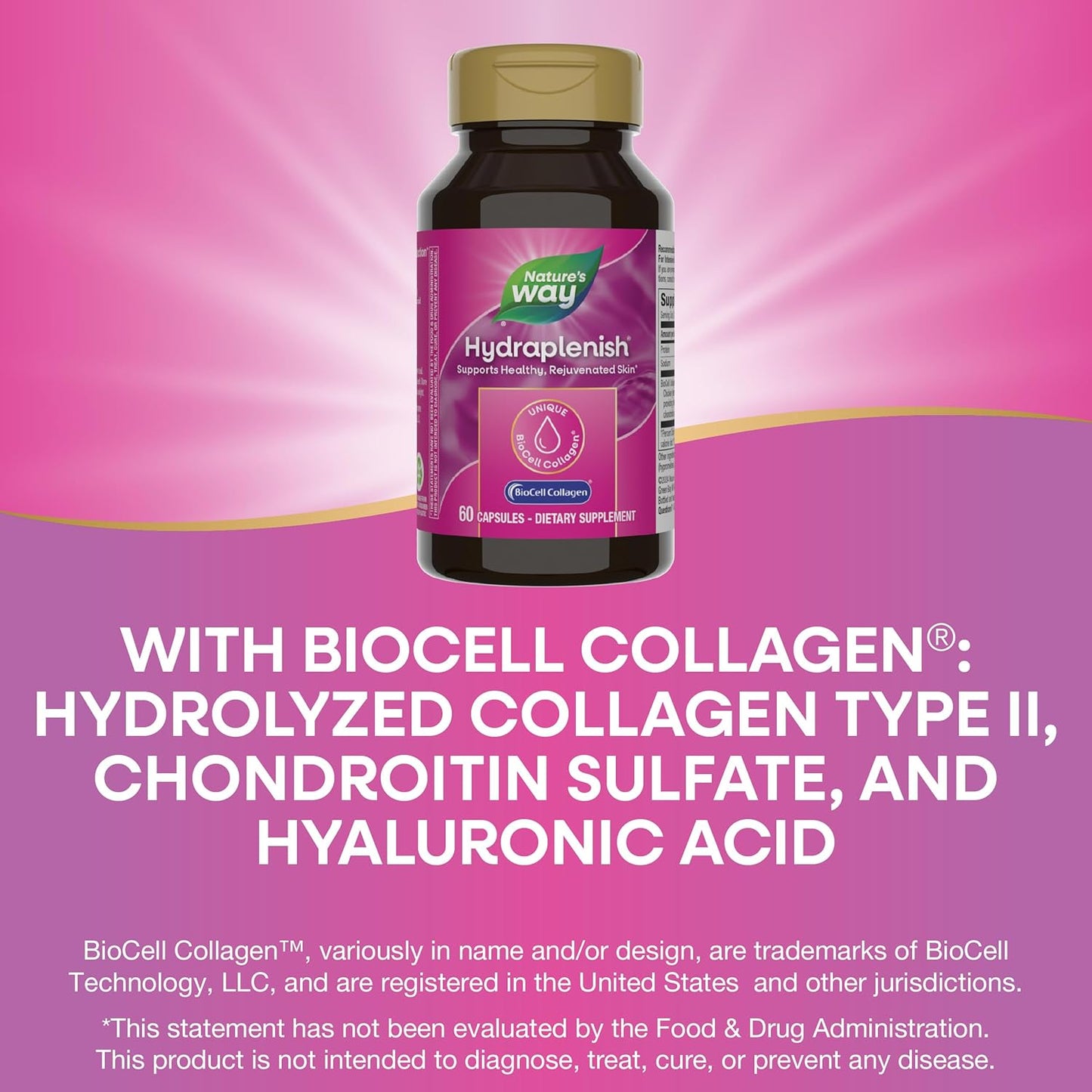 Nature's Way Hydraplenish Capsules with BioCell Collagen & Hyaluronic Acid for Healthy Skin & Elasticity, 60 ct