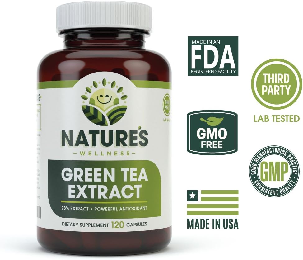 Natures Wellness Green Tea Extract Capsules 1000mg | 98% Standardized with EGCG | Supports Weight, Metabolism, Energy, Heart Health | Natural Caffeine Pills with Antioxidant Properties