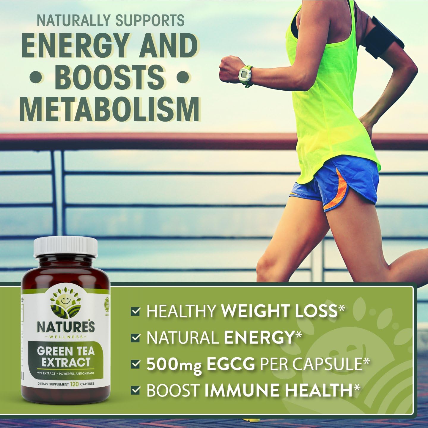 Natures Wellness Green Tea Extract Capsules 1000mg | 98% Standardized with EGCG | Supports Weight, Metabolism, Energy, Heart Health | Natural Caffeine Pills with Antioxidant Properties