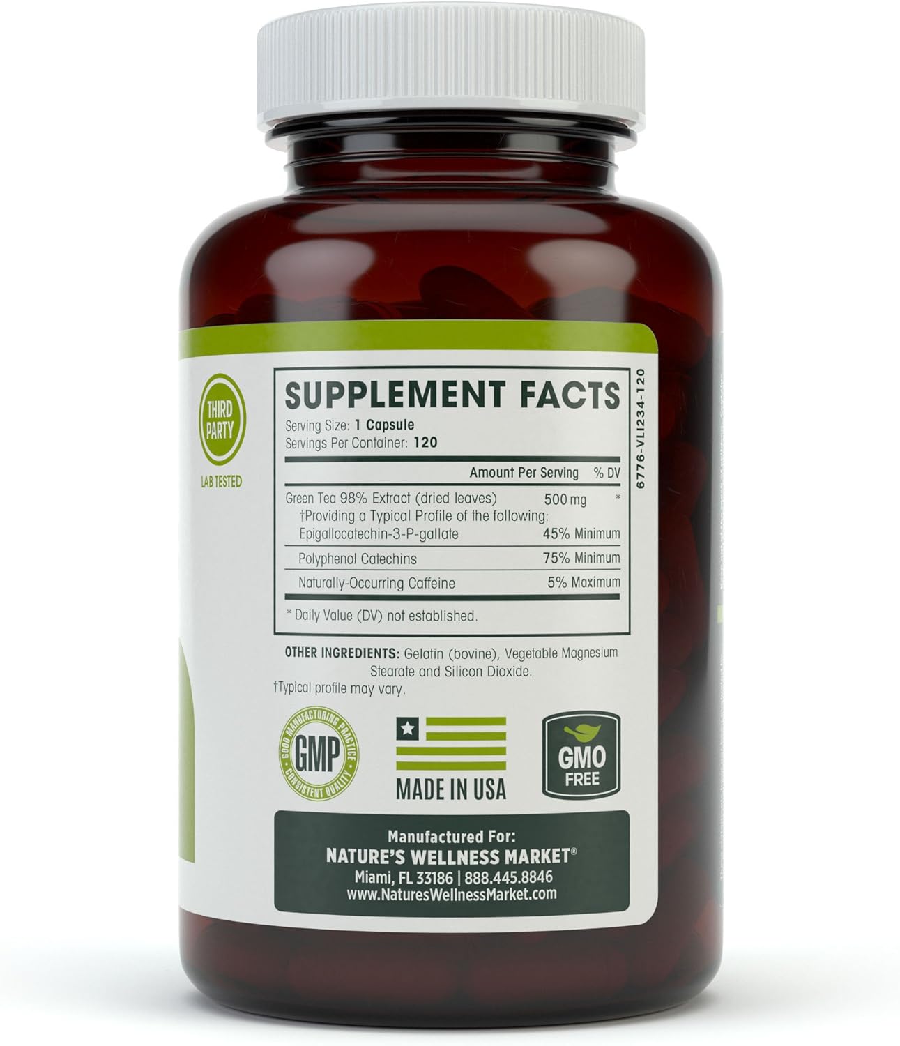 Natures Wellness Green Tea Extract Capsules 1000mg | 98% Standardized with EGCG | Supports Weight, Metabolism, Energy, Heart Health | Natural Caffeine Pills with Antioxidant Properties