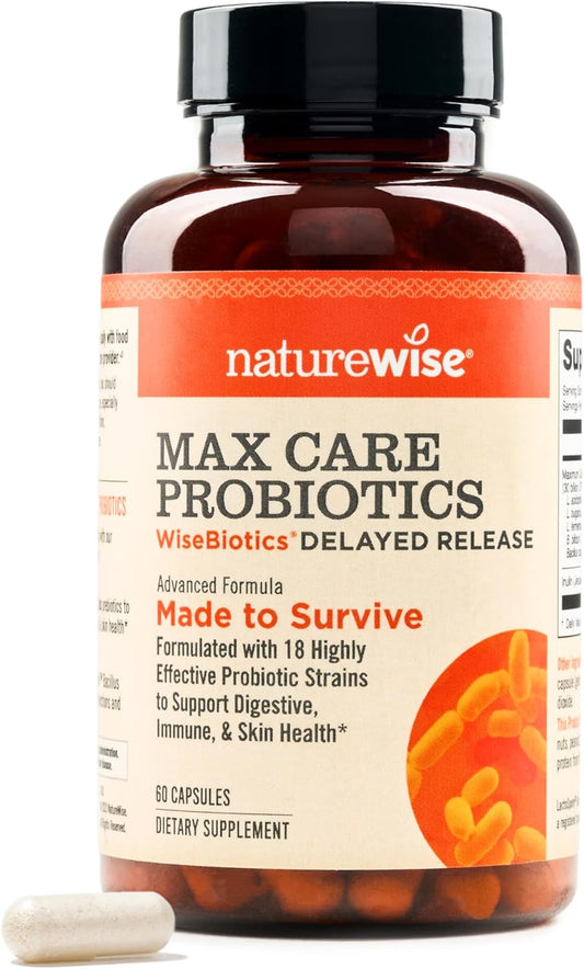 NatureWise Max Probiotics 30 Billion CFU with Prebiotics - Gut & Digestive Health Support - 60 Capsules