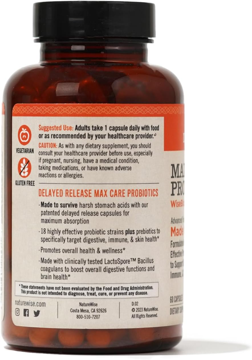 NatureWise Max Probiotics 30 Billion CFU with Prebiotics - Gut & Digestive Health Support - 60 Capsules