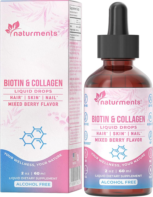 Naturments Liquid Biotin & Collagen Supplement for Hair, Skin, Nails, and Joints - Supports Healthy Growth - Men & Women - Non-GMO, Alcohol-Free, Sugar-Free - 2 Fl Oz