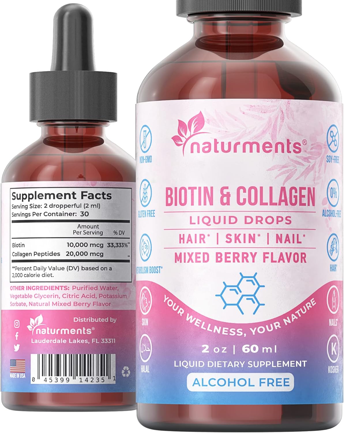 Naturments Liquid Biotin & Collagen Supplement for Hair, Skin, Nails, and Joints - Supports Healthy Growth - Men & Women - Non-GMO, Alcohol-Free, Sugar-Free - 2 Fl Oz