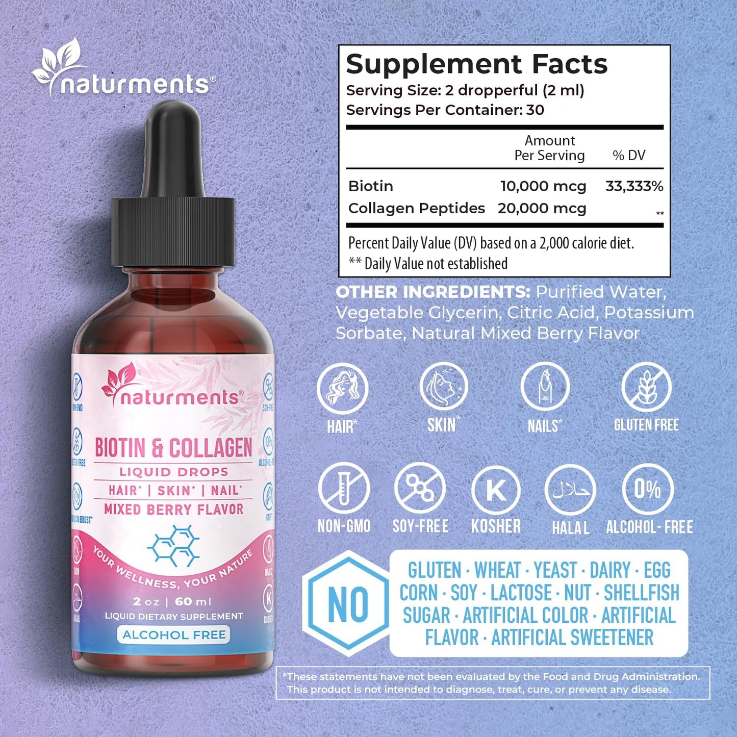 Naturments Liquid Biotin & Collagen Supplement for Hair, Skin, Nails, and Joints - Supports Healthy Growth - Men & Women - Non-GMO, Alcohol-Free, Sugar-Free - 2 Fl Oz