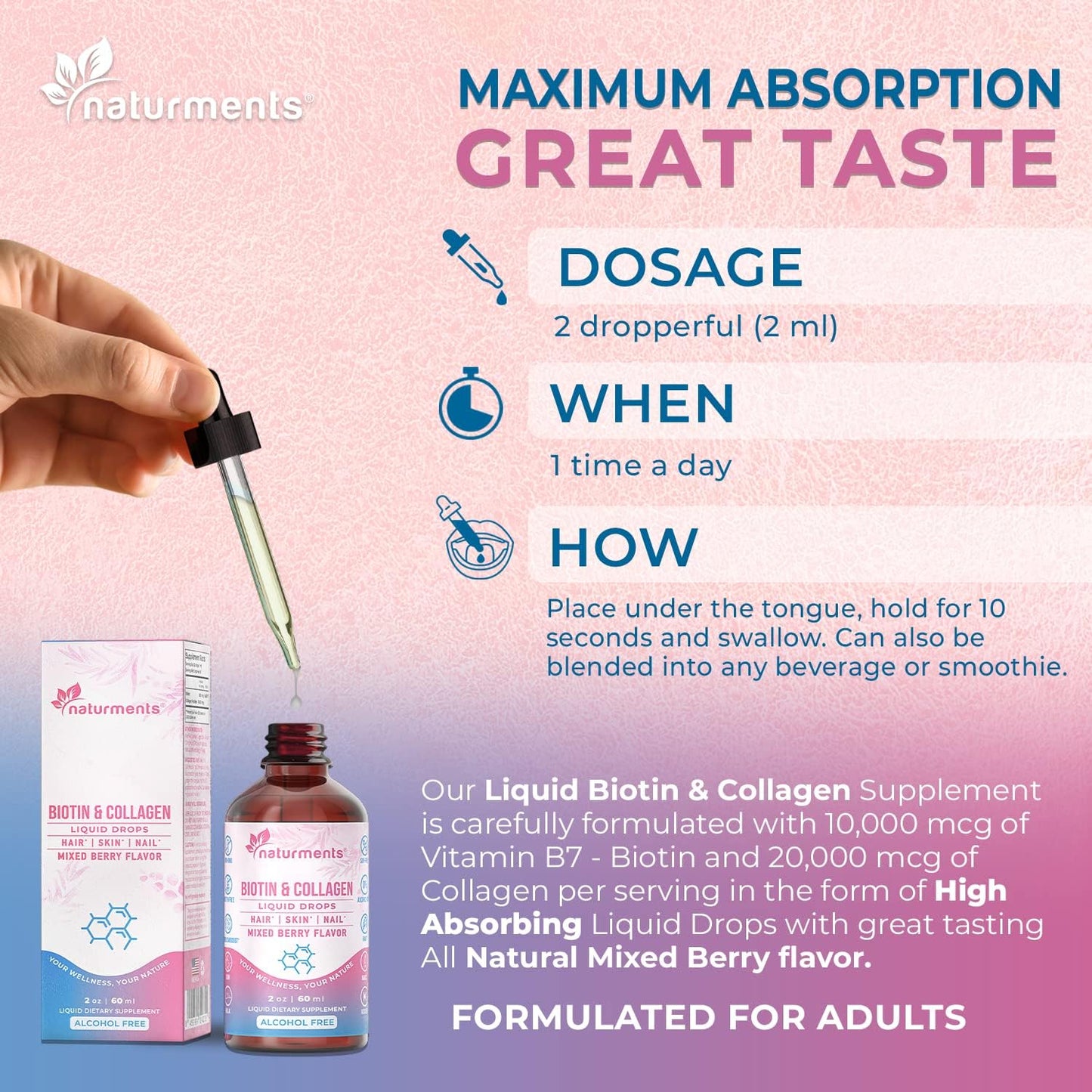 Naturments Liquid Biotin & Collagen Supplement for Hair, Skin, Nails, and Joints - Supports Healthy Growth - Men & Women - Non-GMO, Alcohol-Free, Sugar-Free - 2 Fl Oz