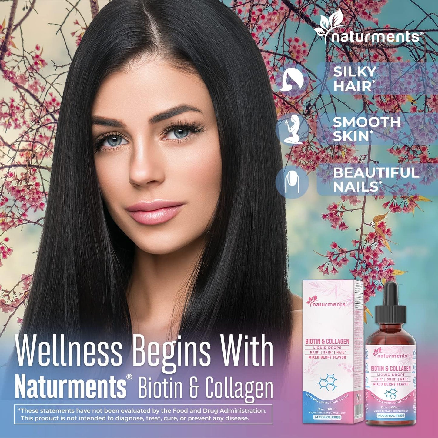 Naturments Liquid Biotin & Collagen Supplement for Hair, Skin, Nails, and Joints - Supports Healthy Growth - Men & Women - Non-GMO, Alcohol-Free, Sugar-Free - 2 Fl Oz