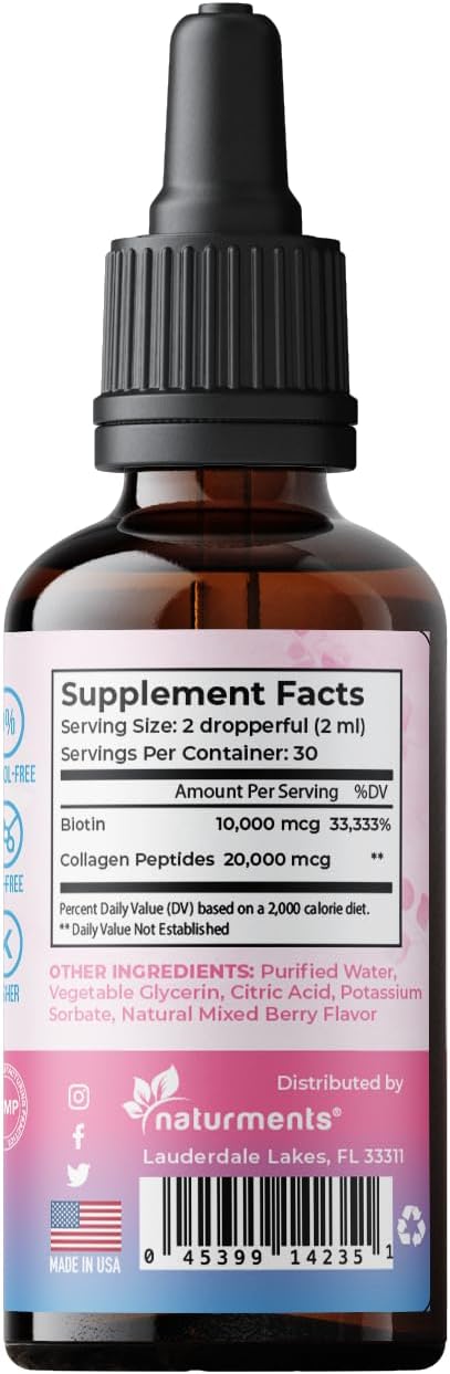 Naturments Liquid Biotin & Collagen Supplement for Hair, Skin, Nails, and Joints - Supports Healthy Growth - Men & Women - Non-GMO, Alcohol-Free, Sugar-Free - 2 Fl Oz