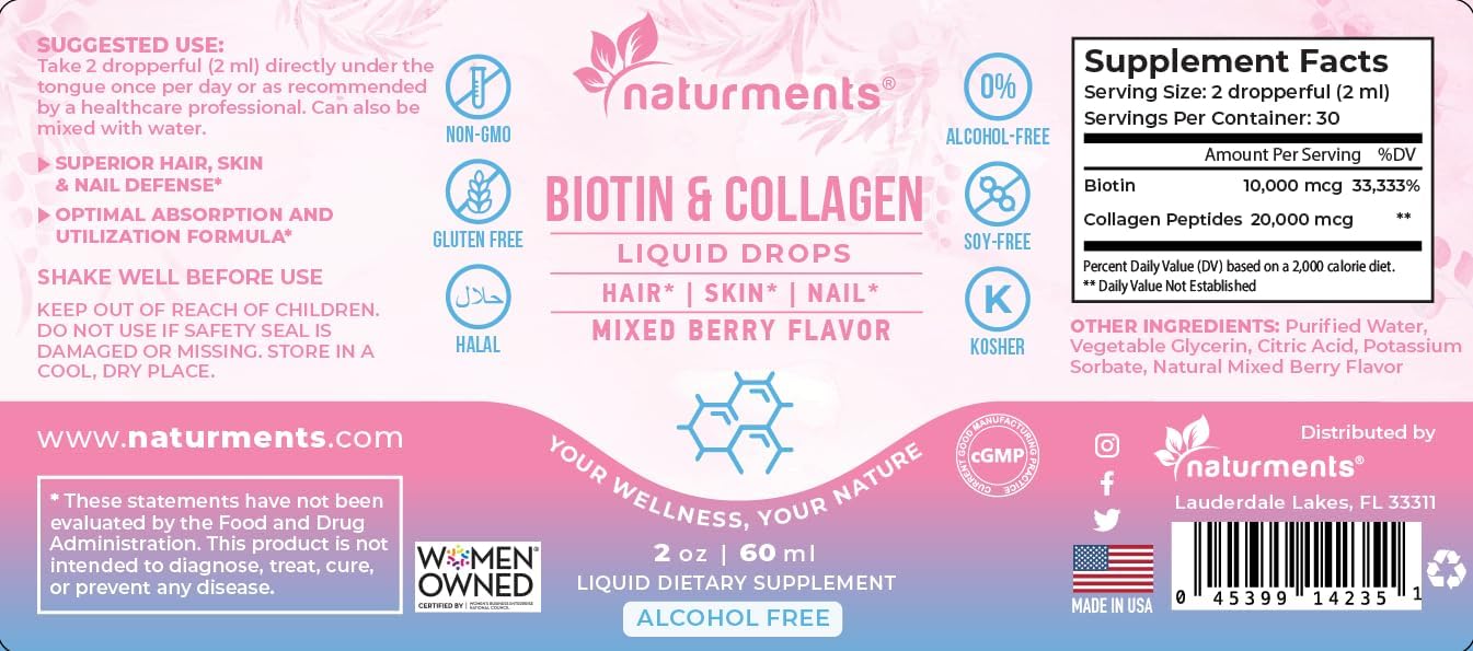 Naturments Liquid Biotin & Collagen Supplement for Hair, Skin, Nails, and Joints - Supports Healthy Growth - Men & Women - Non-GMO, Alcohol-Free, Sugar-Free - 2 Fl Oz