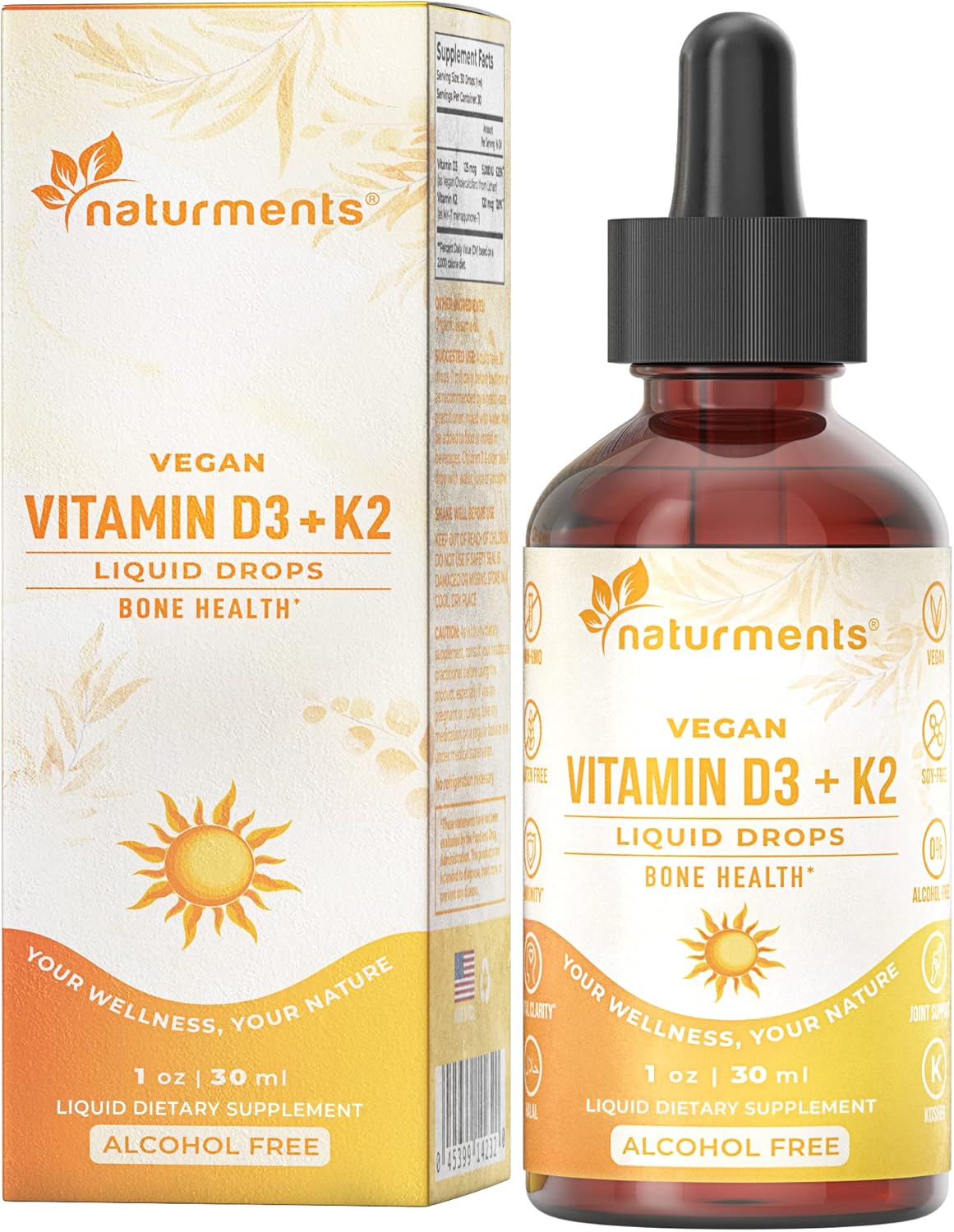Naturments Vitamin D3 with K2 Liquid Drops - Bone and Heart Health Formula with Immune Support - Non-GMO, Vegan, Alcohol-Free - 1 Fl Oz
