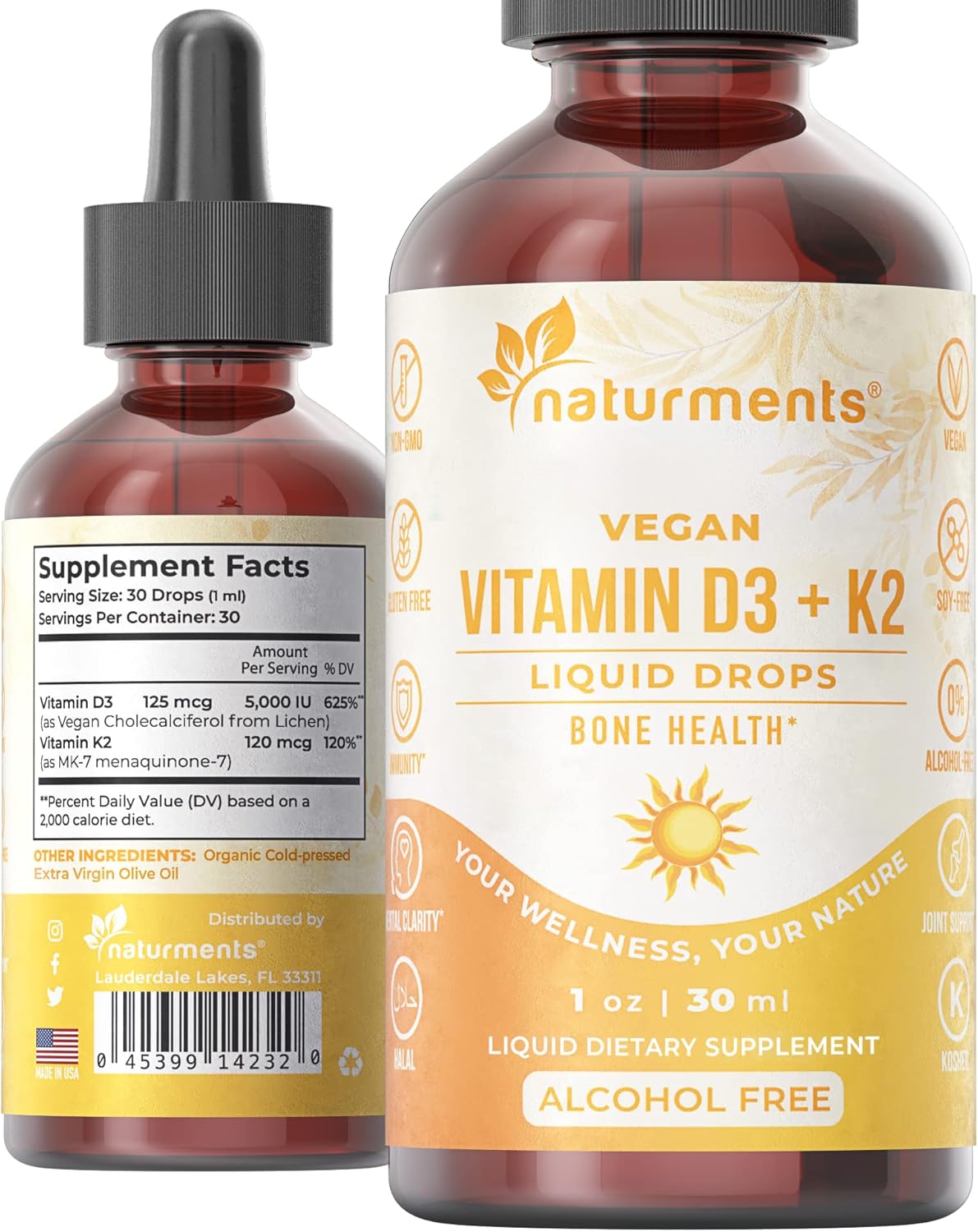 Naturments Vitamin D3 with K2 Liquid Drops - Bone and Heart Health Formula with Immune Support - Non-GMO, Vegan, Alcohol-Free - 1 Fl Oz