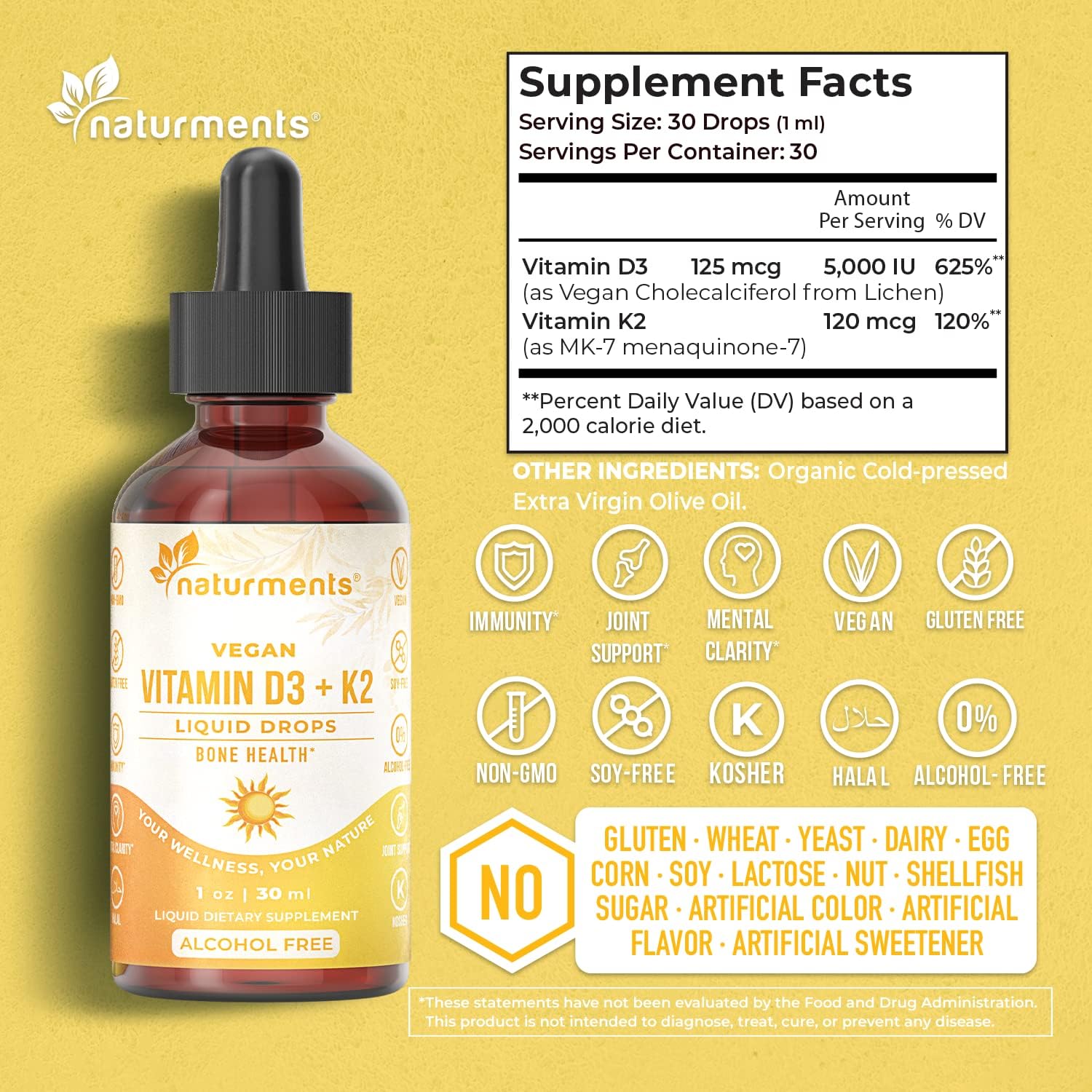Naturments Vitamin D3 with K2 Liquid Drops - Bone and Heart Health Formula with Immune Support - Non-GMO, Vegan, Alcohol-Free - 1 Fl Oz
