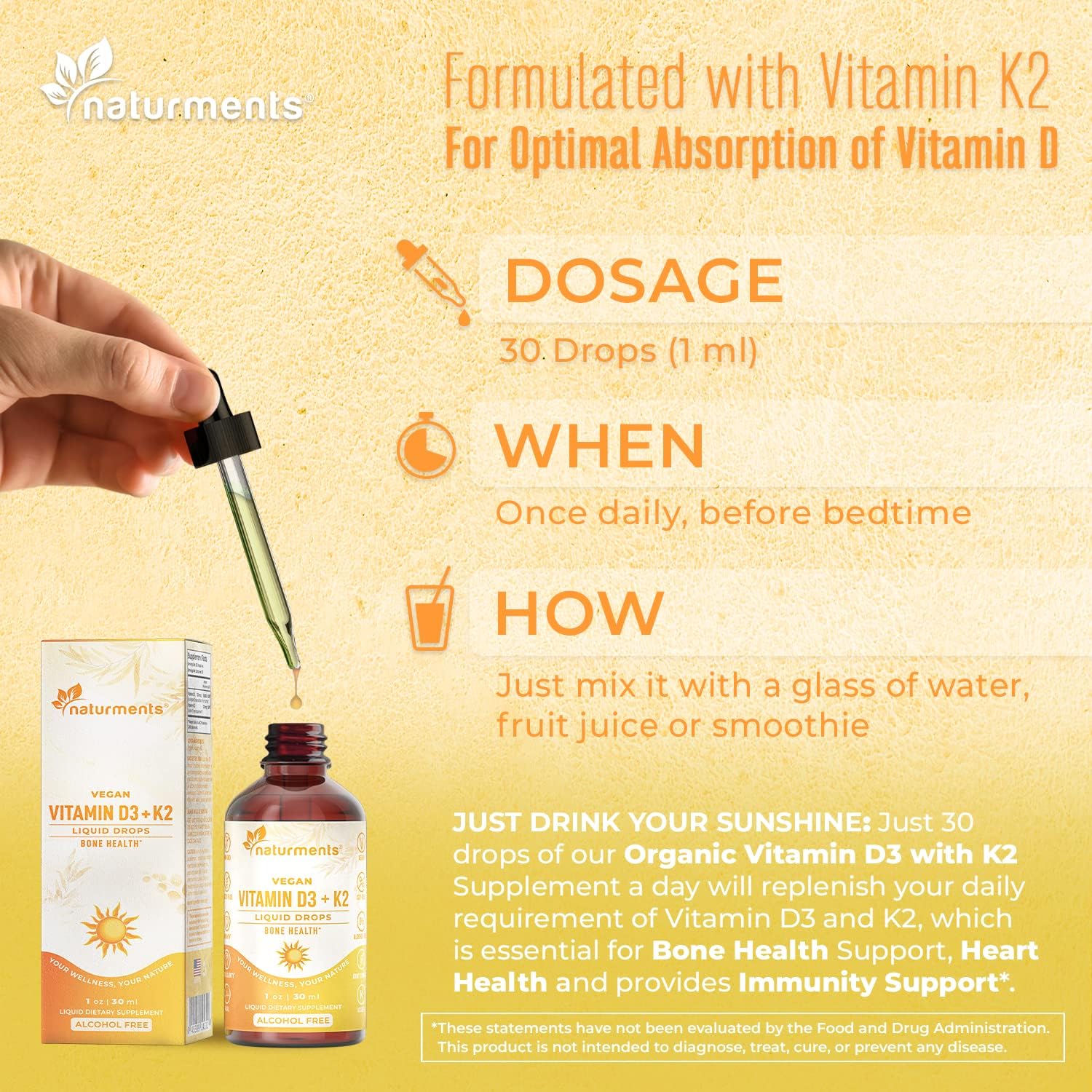 Naturments Vitamin D3 with K2 Liquid Drops - Bone and Heart Health Formula with Immune Support - Non-GMO, Vegan, Alcohol-Free - 1 Fl Oz