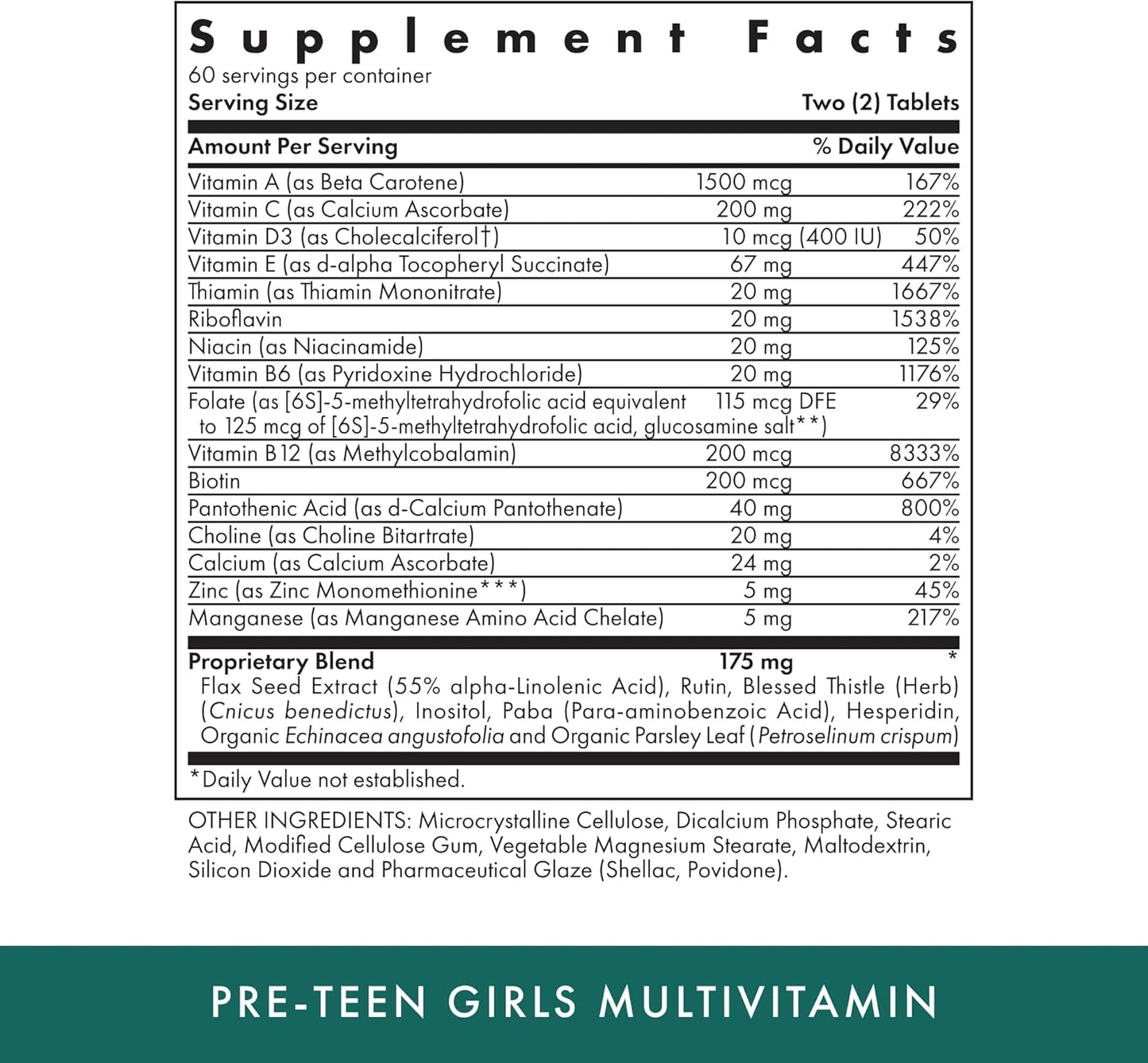 Naturopathic Pre-Teen Girls Multivitamin Tablets - 120 Vegetarian Kosher Capsules for Growth & Development - 60 Servings