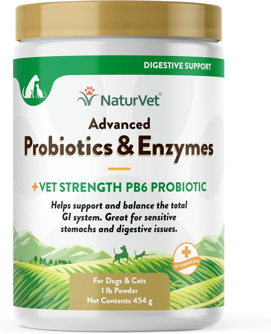 NaturVet Advanced Probiotics & Enzymes with Vet Strength PB6 Probiotic for Dogs & Cats - Supports Sensitive Stomachs & Digestive Health (1 lb)