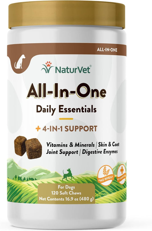 NaturVet All-in-One Dog Supplement for Joint Support, Digestion, Skin & Coat Care - 120 Soft Chews with Omega Fatty Acids & Minerals