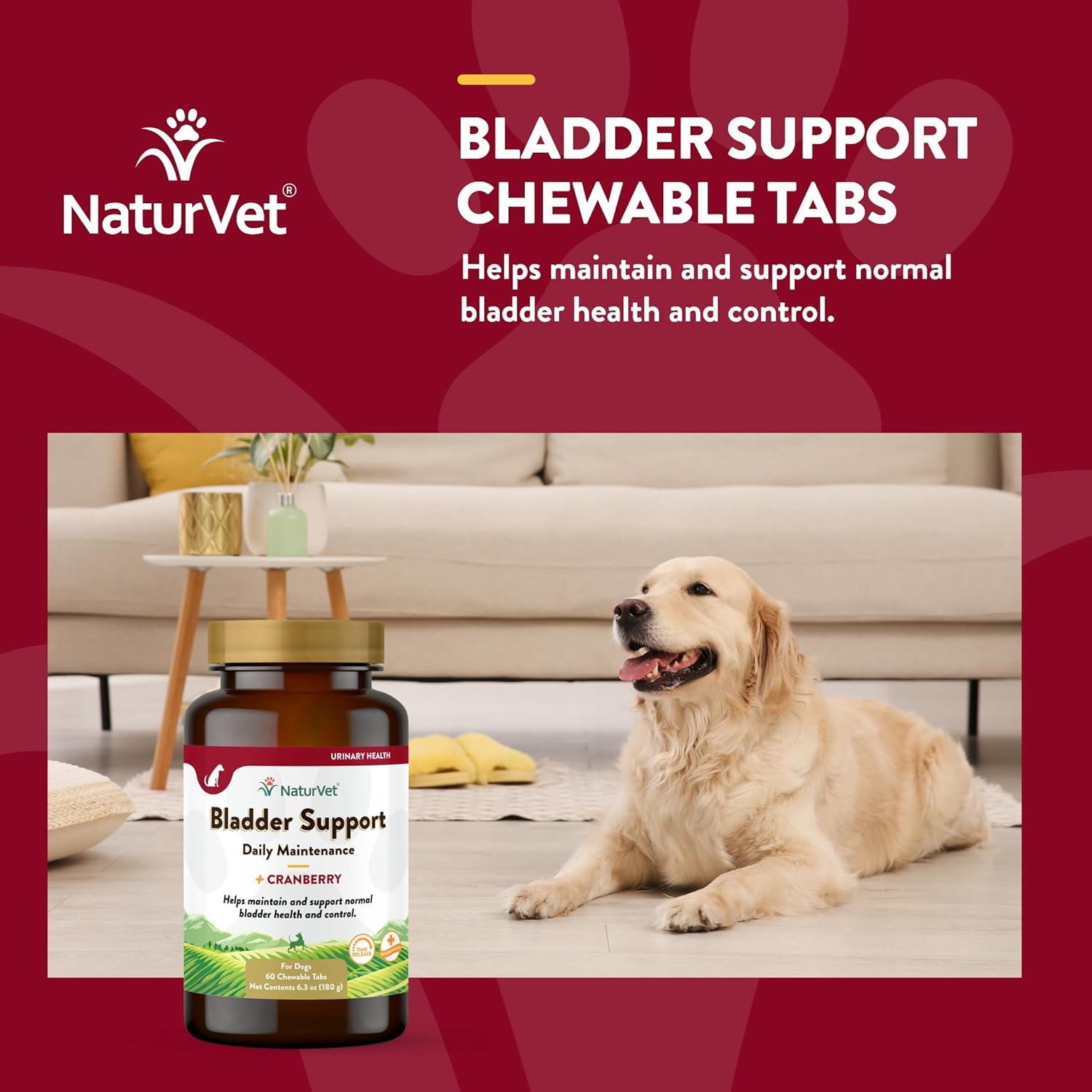 NaturVet Bladder Support with Cranberry for Dogs - Promotes Healthy Bladder & Urinary Function - 60 Chewable Tablets