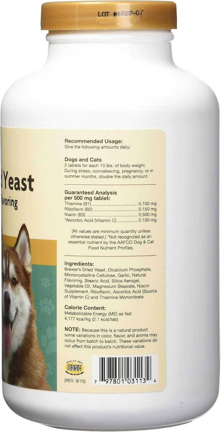 NaturVet Brewers Dried Yeast Formula with Garlic Flavoring Vitamins for Dogs and Cats, Chewable Tablets - 1000 Count - USA Made