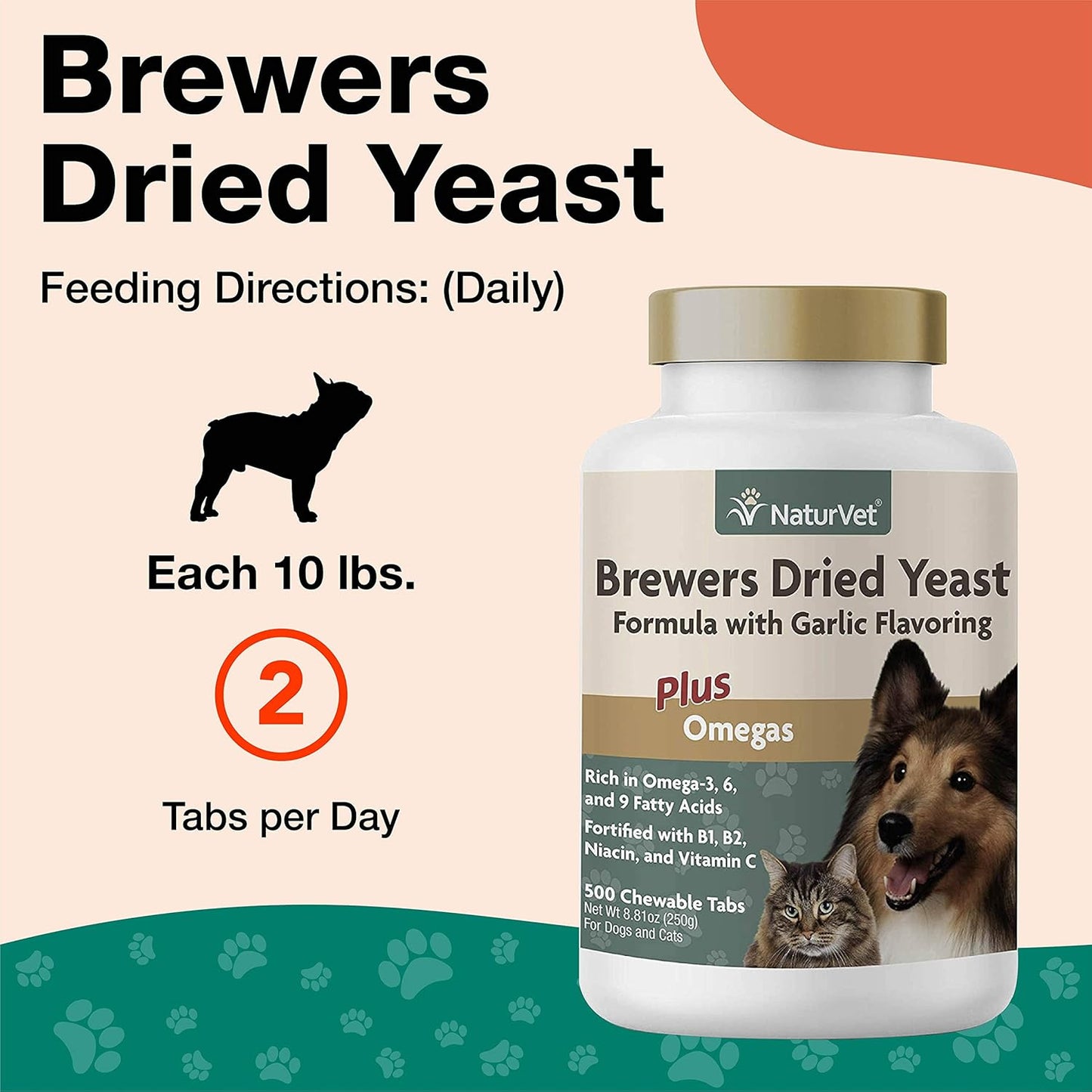 NaturVet Brewer's Dried Yeast Pet Supplement with Garlic Flavoring - 500 Ct - Supports Healthy Skin & Coat for Dogs and Cats