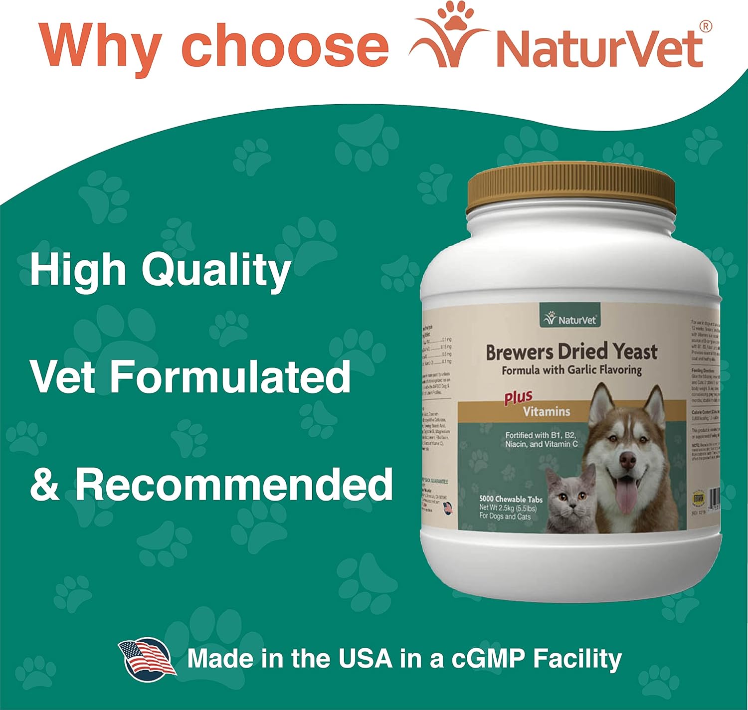 NaturVet Brewer’s Dried Yeast Pet Supplement with Garlic Flavoring - 5000 Ct - Supports Healthy Skin & Coat for Dogs and Cats