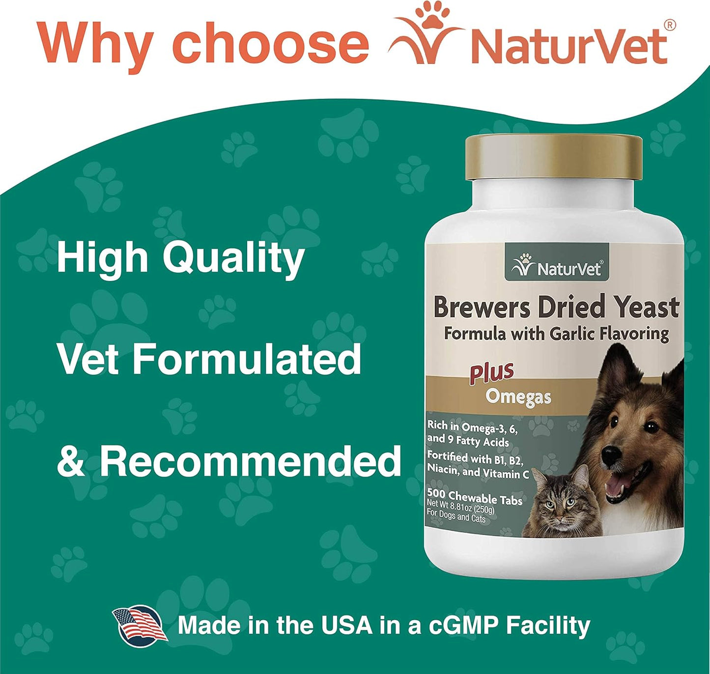 NaturVet Brewer's Dried Yeast Pet Supplement with Garlic Flavoring - 500 Ct - Supports Healthy Skin & Coat for Dogs and Cats