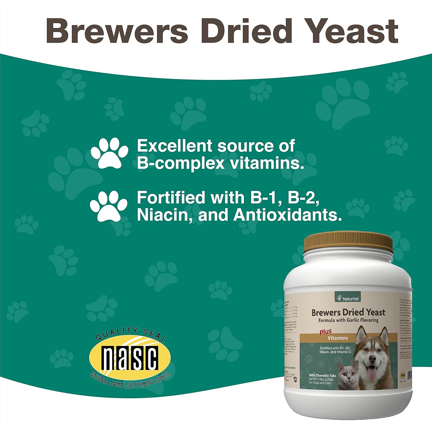 NaturVet Brewer’s Dried Yeast Pet Supplement with Garlic Flavoring - 5000 Ct - Supports Healthy Skin & Coat for Dogs and Cats