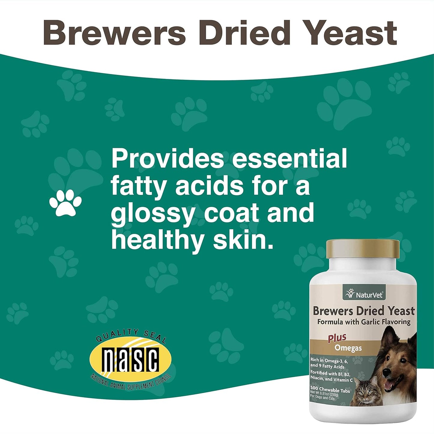 NaturVet Brewer's Dried Yeast Pet Supplement with Garlic Flavoring - 500 Ct - Supports Healthy Skin & Coat for Dogs and Cats