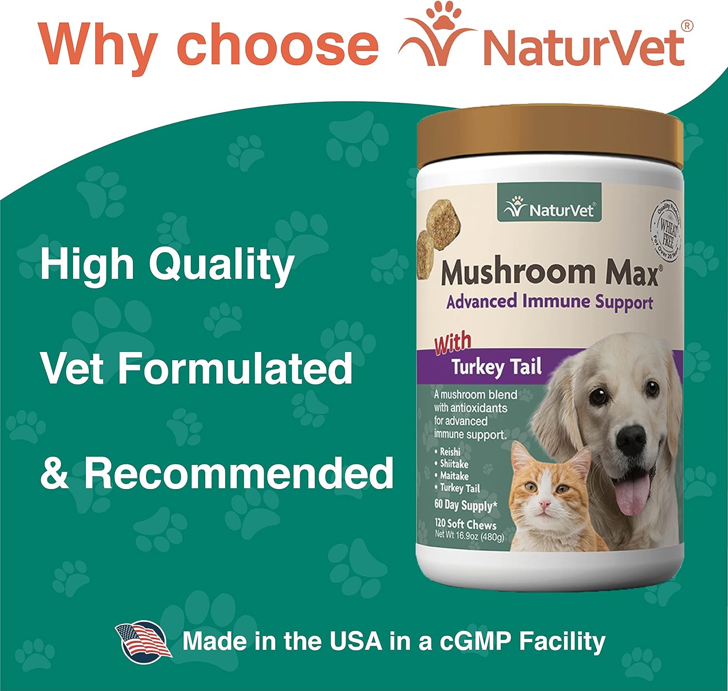 NaturVet Mushroom Max Immune Support Supplement for Dogs - Boosts Immunity and Overall Health - Contains Shitake, Reishi, Turkey Tail - 120 Ct.