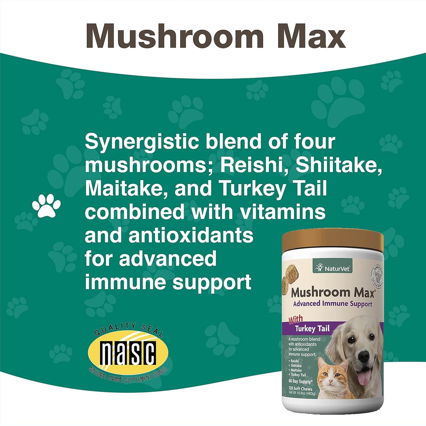 NaturVet Mushroom Max Immune Support Supplement for Dogs - Boosts Immunity and Overall Health - Contains Shitake, Reishi, Turkey Tail - 120 Ct.