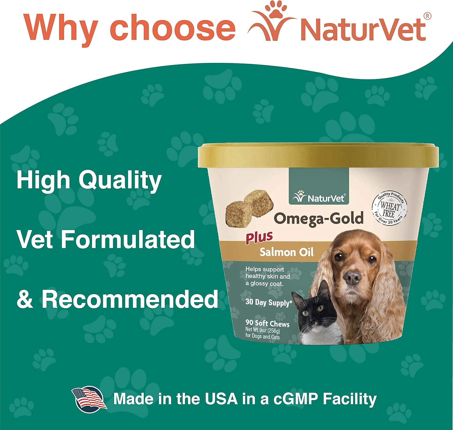 NaturVet Omega-Gold Plus Salmon Oil Soft Chews for Dogs & Cats - Supports Skin & Coat Health with DHA, EPA, Omega-3, & Omega-6 - 90 Chews