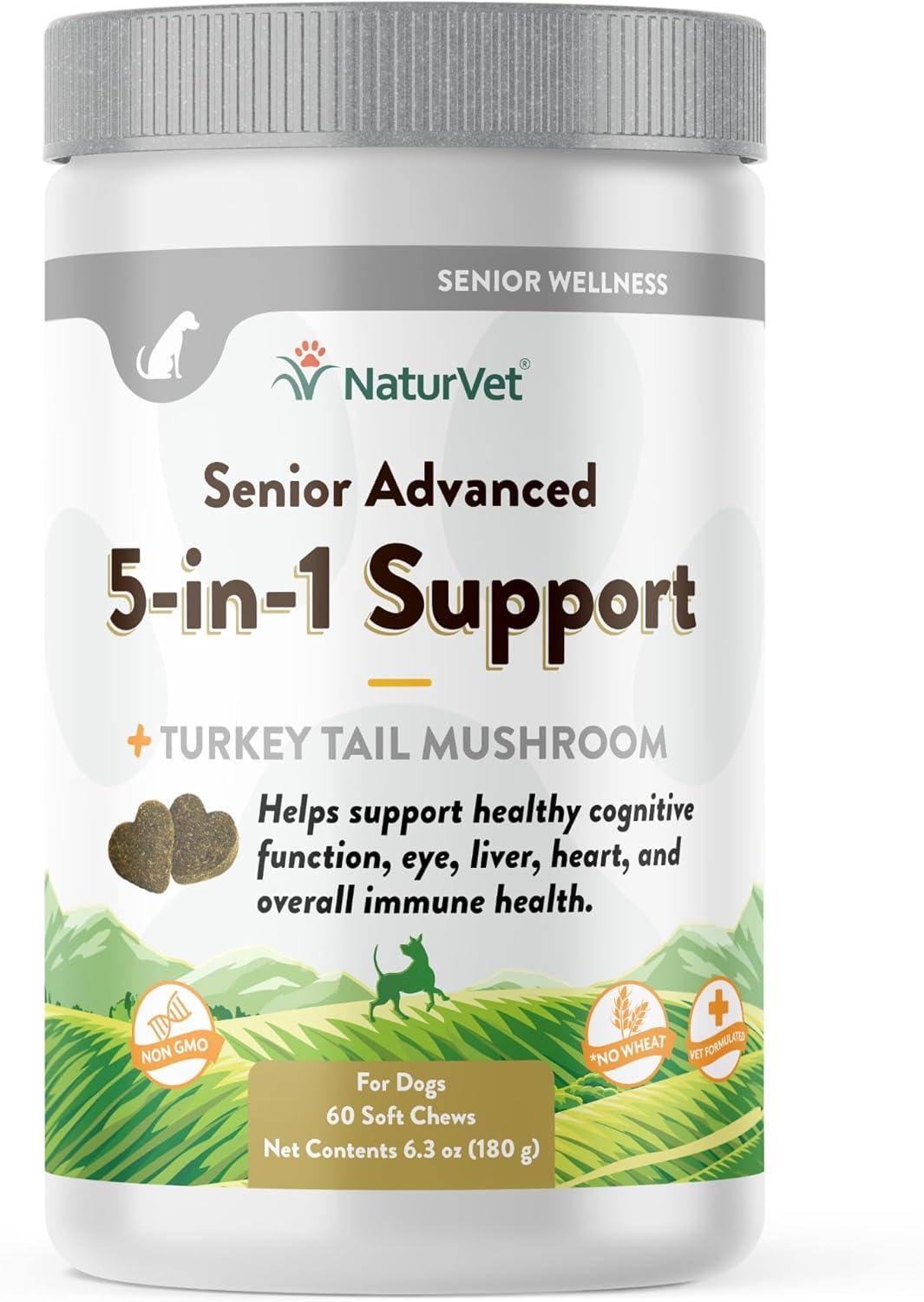 NaturVet Senior Dog Supplement with 5-in-1 Support for Immune System, Heart, Liver, Cognitive Function, and Eye Health - Includes Ginkgo Biloba and Lutein - 60 Ct.