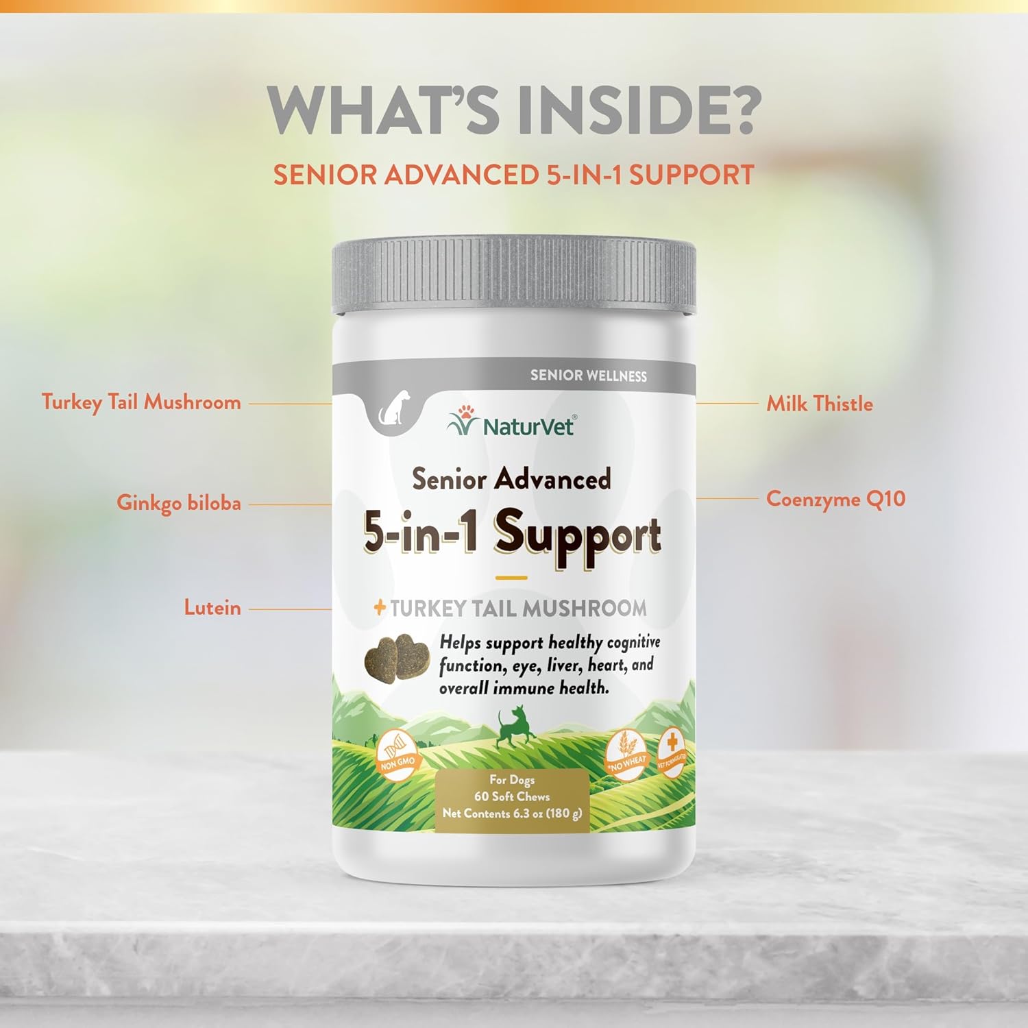 NaturVet Senior Dog Supplement with 5-in-1 Support for Immune System, Heart, Liver, Cognitive Function, and Eye Health - Includes Ginkgo Biloba and Lutein - 60 Ct.