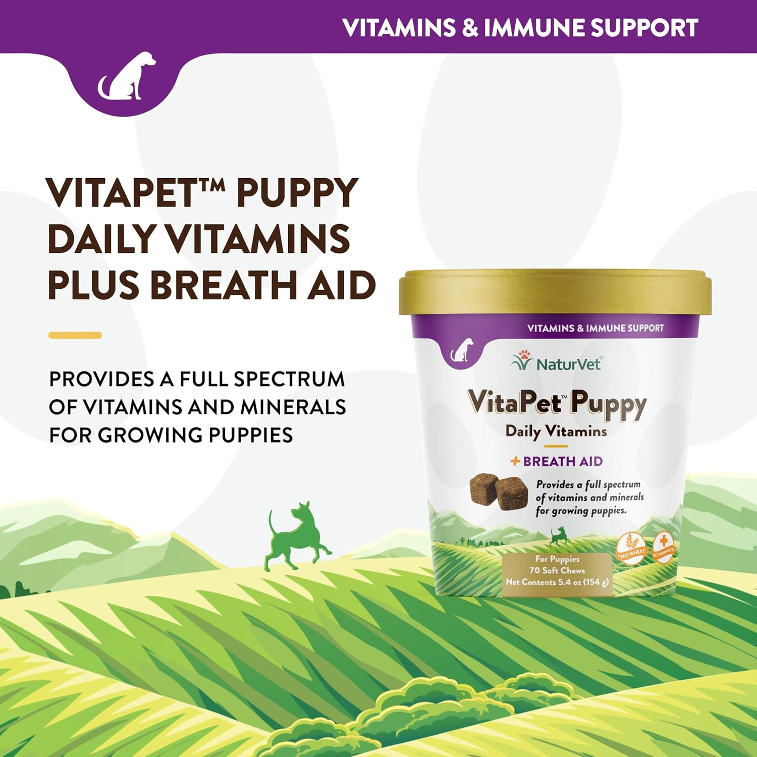 NaturVet VitaPet Puppy Daily Vitamins with Breath Aid - Essential Nutrients for Puppies (70 Soft Chews)