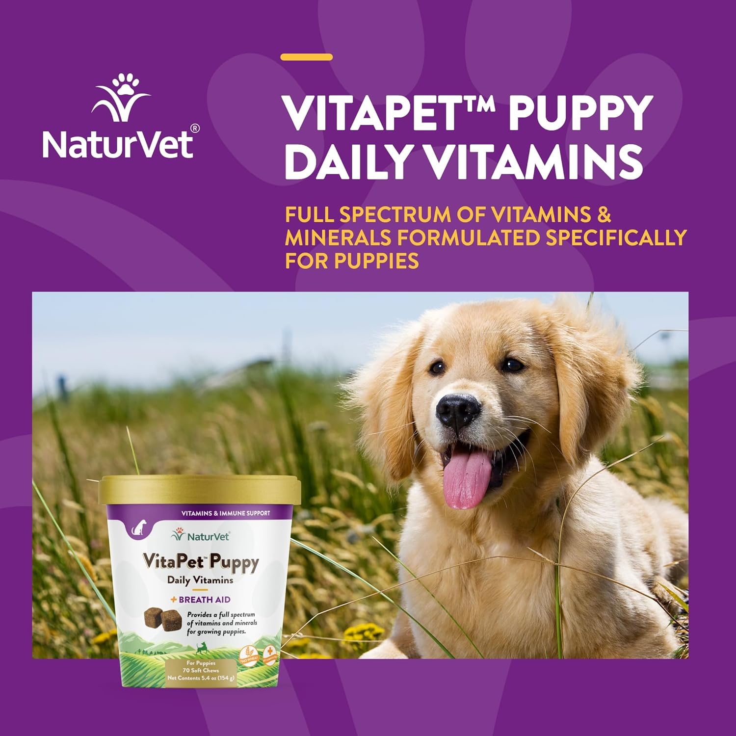 NaturVet VitaPet Puppy Daily Vitamins with Breath Aid - Essential Nutrients for Puppies (70 Soft Chews)