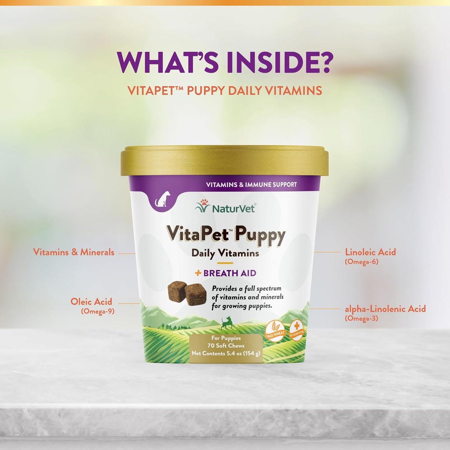 NaturVet VitaPet Puppy Daily Vitamins with Breath Aid - Essential Nutrients for Puppies (70 Soft Chews)