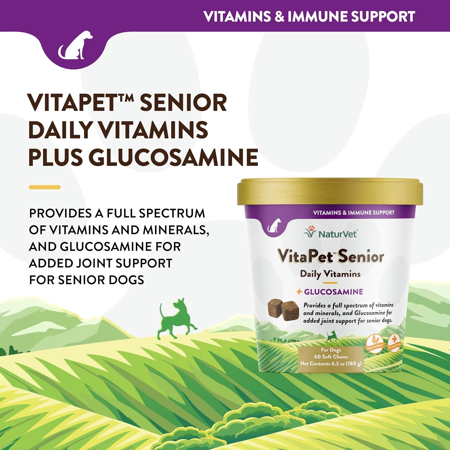 NaturVet VitaPet Senior Dog Vitamins with Glucosamine, 60 Soft Chews - Made in USA