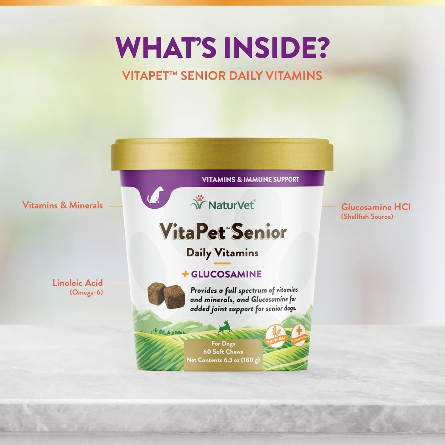 NaturVet VitaPet Senior Dog Vitamins with Glucosamine, 60 Soft Chews - Made in USA