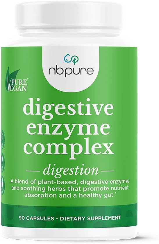 Nbpure Vegan Digestive Enzyme Complex for Men and Women - Supports Daily Digestion with 12 Enzymes and 3 Herbs, Including Lactase, Protease, Lipase, Ginger, Cinnamon, and Peppermint