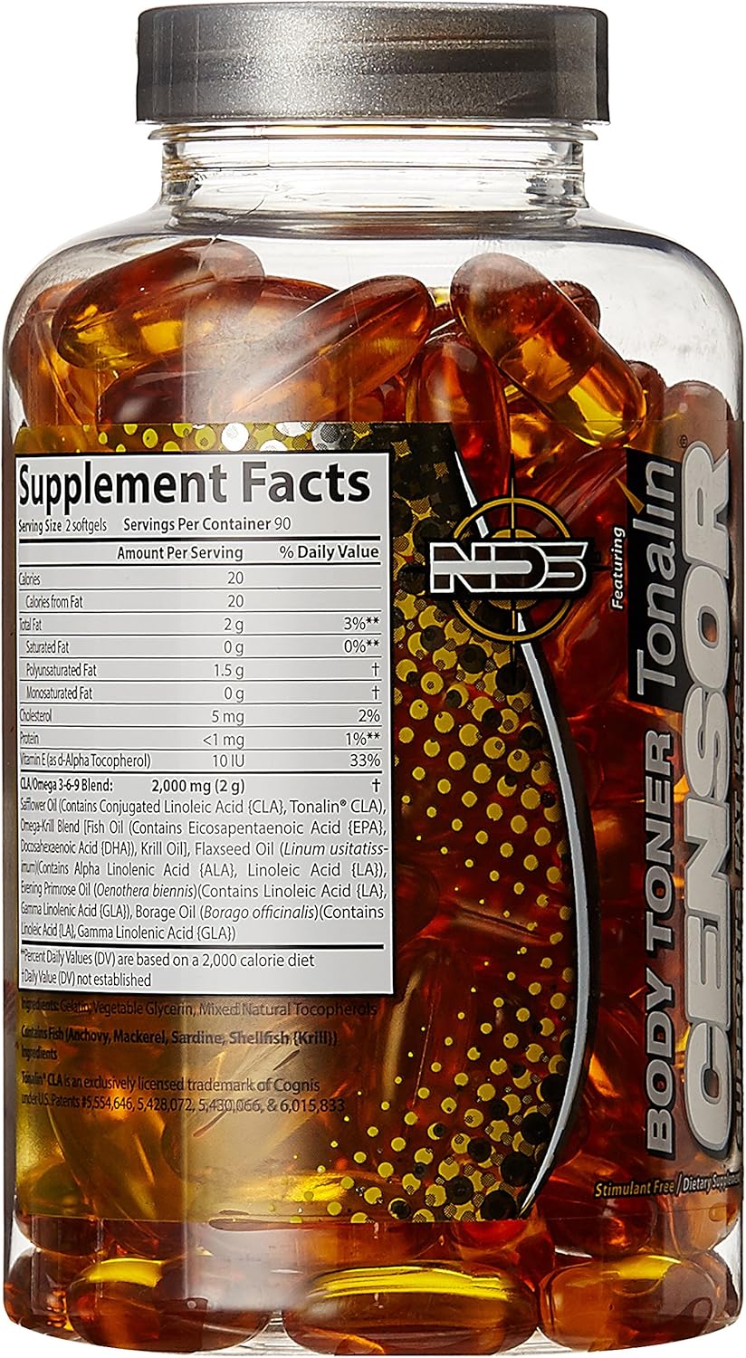NDS Censor Softgels - Dietary Supplement for Fat Loss and Body Toning with CLA, Fish Oil, Safflower, Omega 3-6-9 Blend - Boost Energy and Metabolism for Better Health - 180 Count