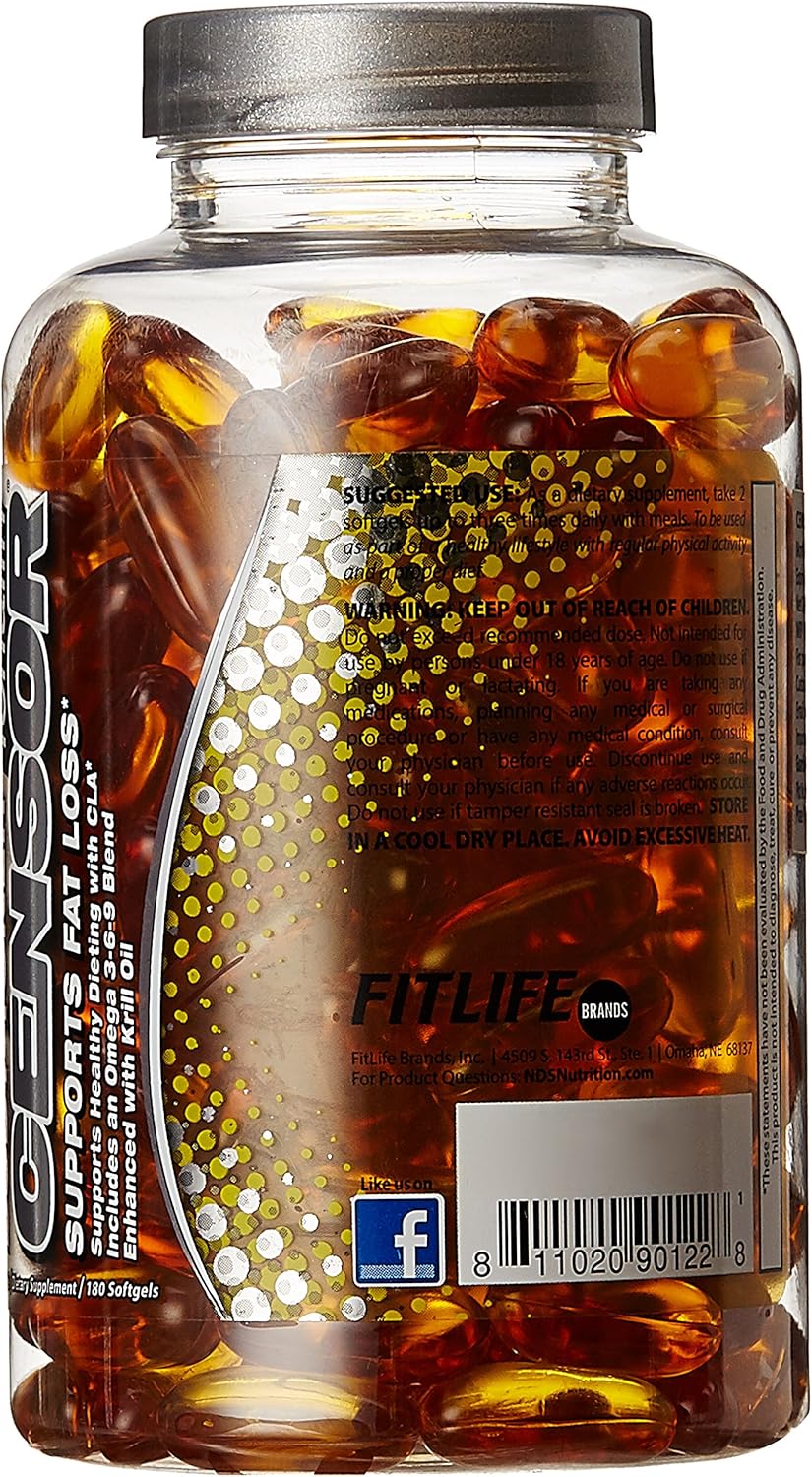 NDS Censor Softgels - Dietary Supplement for Fat Loss and Body Toning with CLA, Fish Oil, Safflower, Omega 3-6-9 Blend - Boost Energy and Metabolism for Better Health - 180 Count