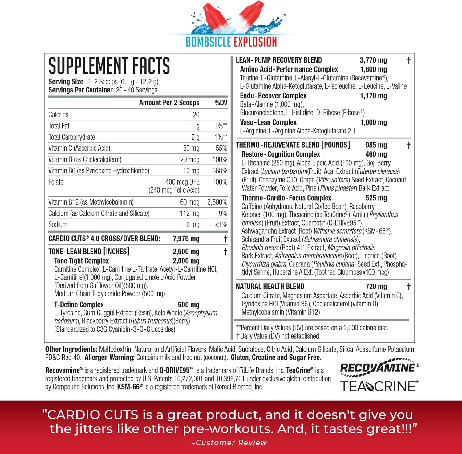 NDS Nutrition 4.0 Cardio Cuts Pre Workout Supplement - Enhanced Weight Loss Formula with L-Carnitine, CLA, MCTs, and Safflower Oil - Bombsicle Flavor (40 Servings)