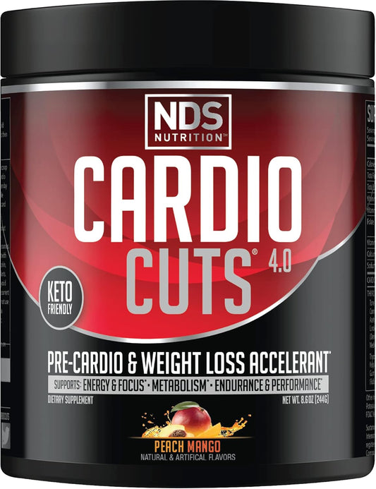 NDS Nutrition Cardio Cuts 4.0 Pre Workout Supplement - Advanced Weight Loss Formula with L-Carnitine, CLA, MCTs, and Safflower Oil - Peach Mango Flavor (40 Servings)