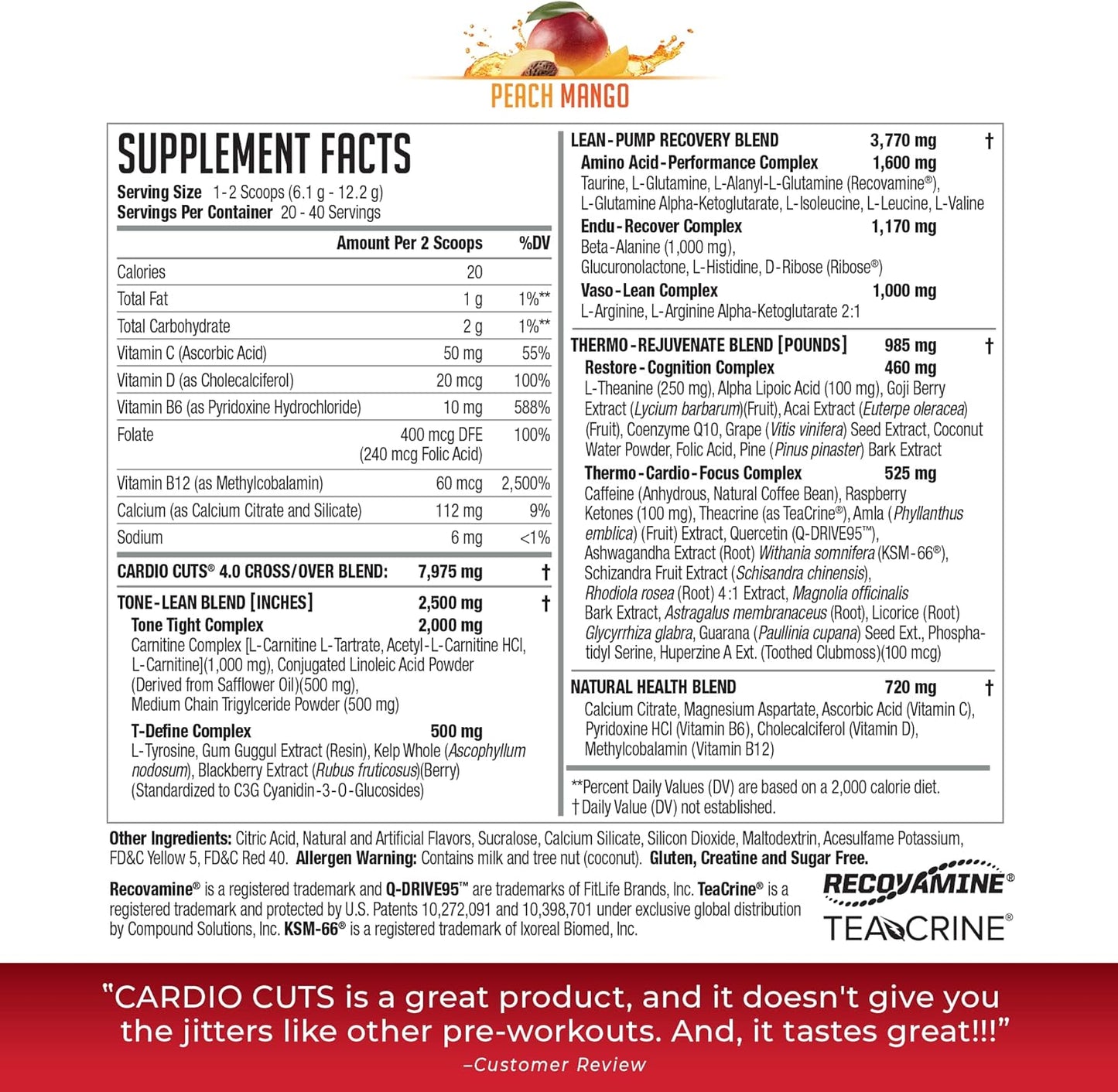 NDS Nutrition Cardio Cuts 4.0 Pre Workout Supplement - Advanced Weight Loss Formula with L-Carnitine, CLA, MCTs, and Safflower Oil - Peach Mango Flavor (40 Servings)