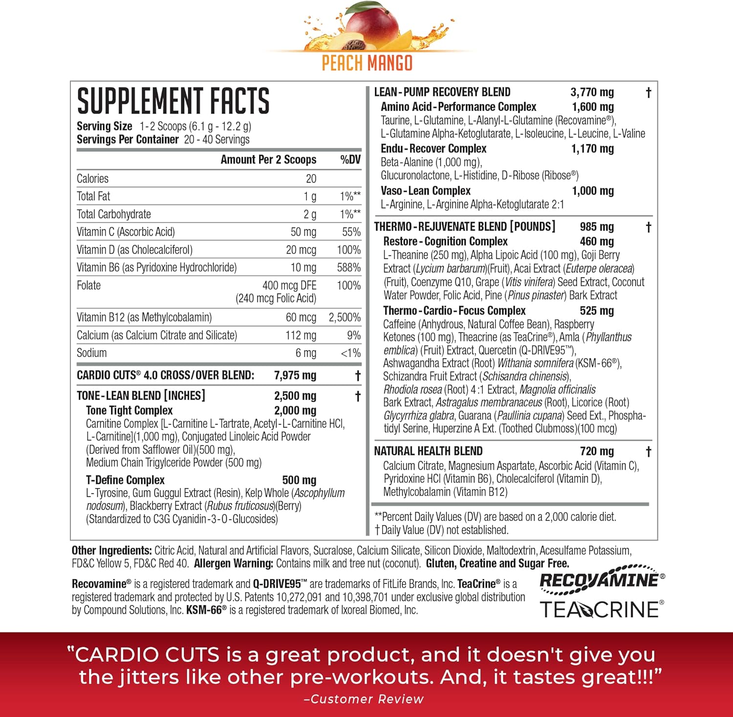 NDS Nutrition Cardio Cuts 4.0 Pre Workout Supplement - Advanced Weight Loss Formula with L-Carnitine, CLA, MCTs, and Safflower Oil - Peach Mango Flavor (40 Servings)