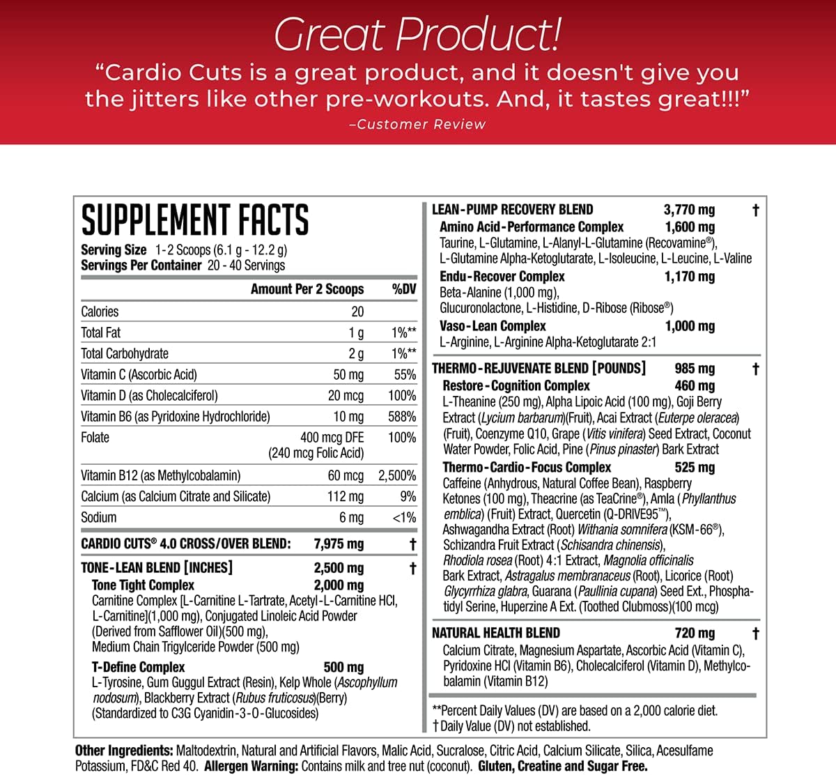 NDS Nutrition Cardio Cuts 4.0 Pre Workout Supplement - Advanced Weight Loss Formula with L-Carnitine, CLA, MCTs, L-Glutamine, and Safflower Oil - Cherry Slush (40 Servings)
