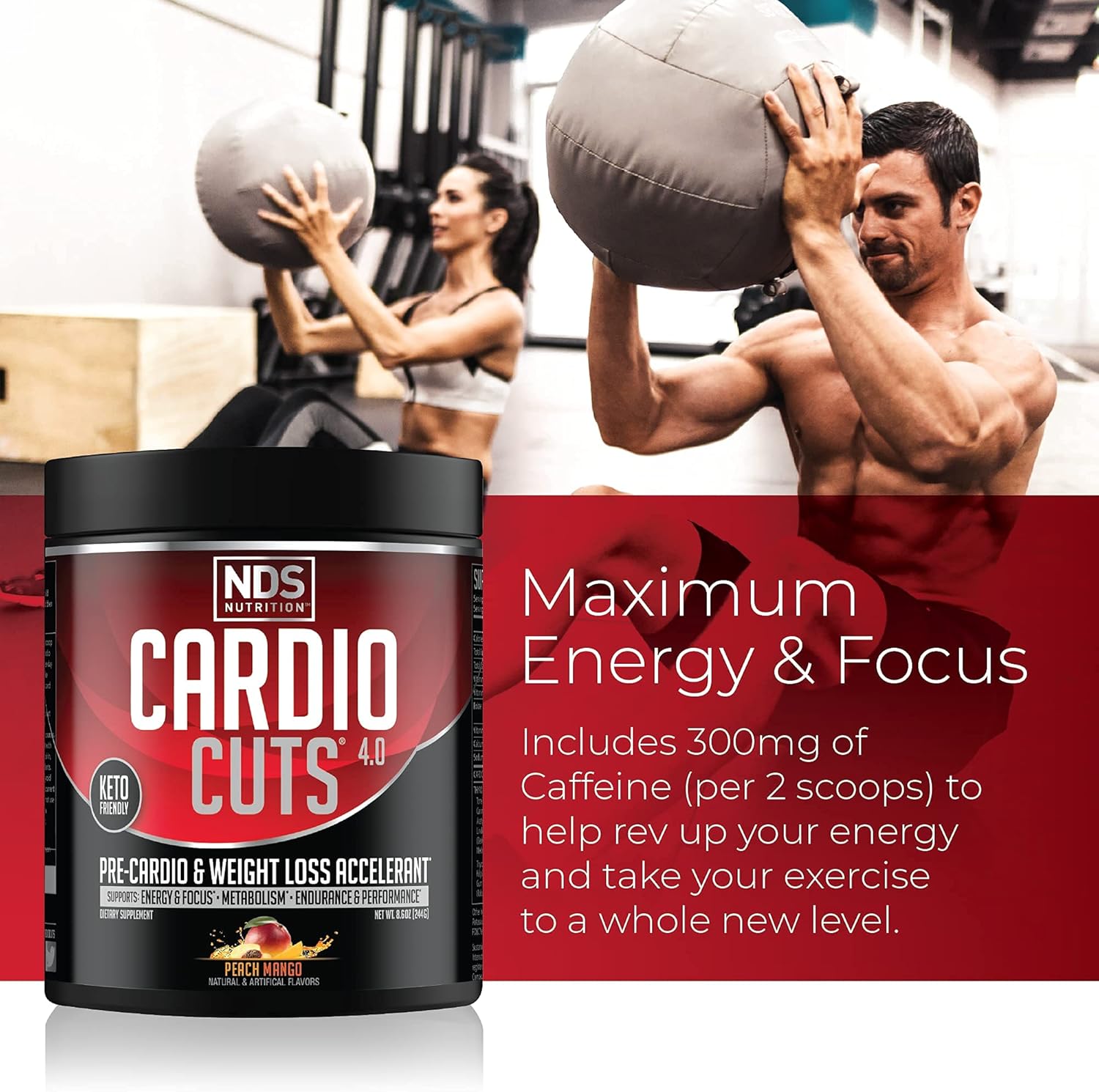 NDS Nutrition Cardio Cuts 4.0 Pre Workout Supplement - Advanced Weight Loss Formula with L-Carnitine, CLA, MCTs, and Safflower Oil - Peach Mango Flavor (40 Servings)
