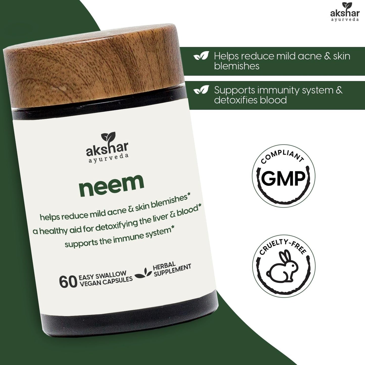 Neem Capsules with Extract & Leaf Powder - Herbal Supplement for Clear Skin & Detox - Vegan Neem Leaf Capsules (60 Count)